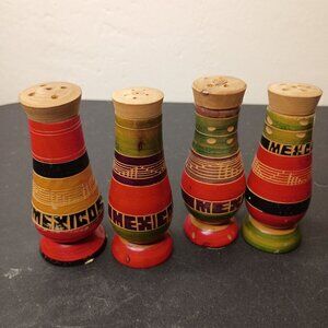 2 Sets VTG  Hand-Painted Mexico Wooden Salt & Pepper Shakers Colorful 1958